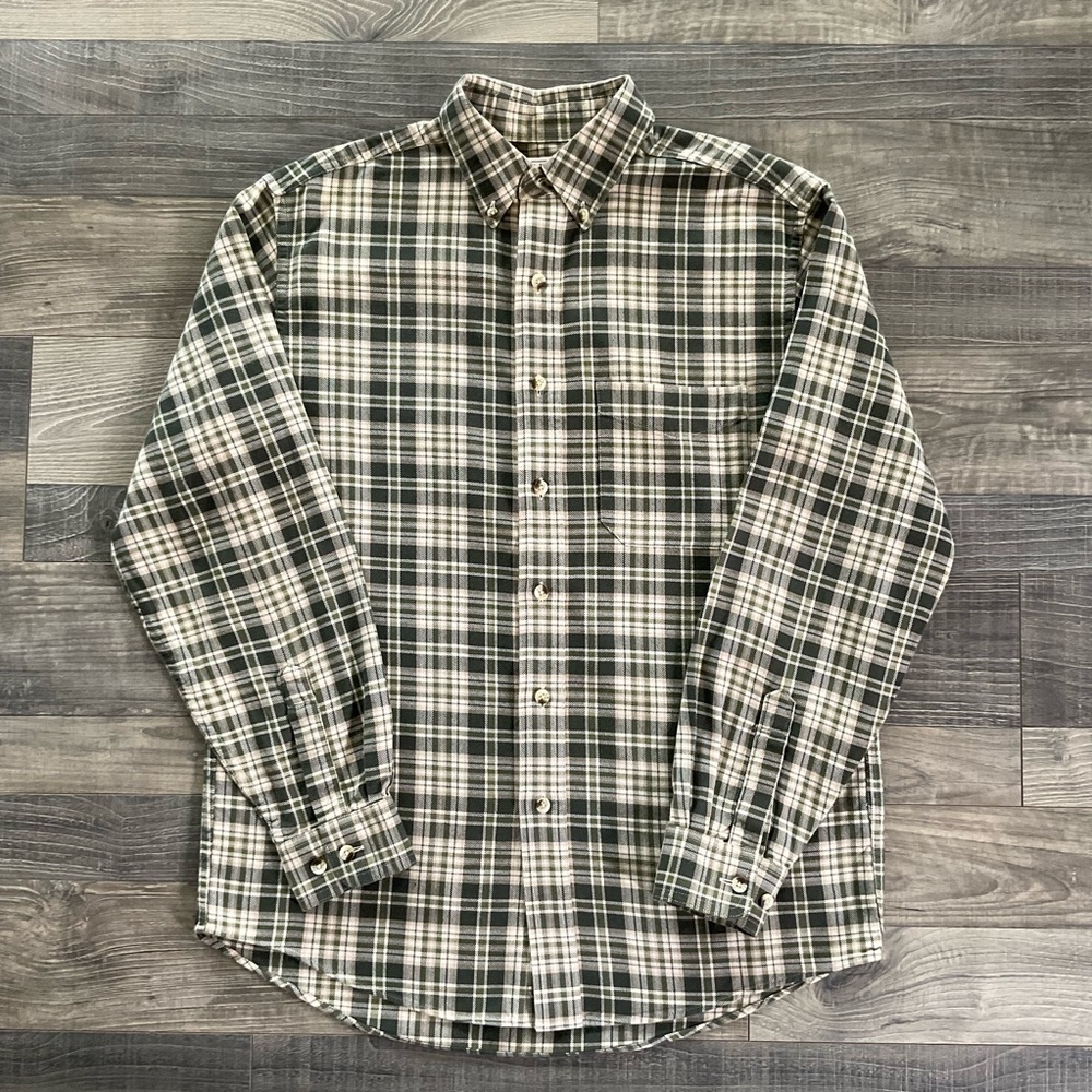 LL Bean Long Sleeve Button Down Flannel Shirt Men’s SMALL Green Tan Plaid 0 GPY7